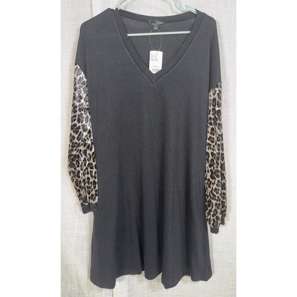 NWT Suzanne Betro Dress Black Beige Leopard V-Neck Shift Sweater Dress Women's S